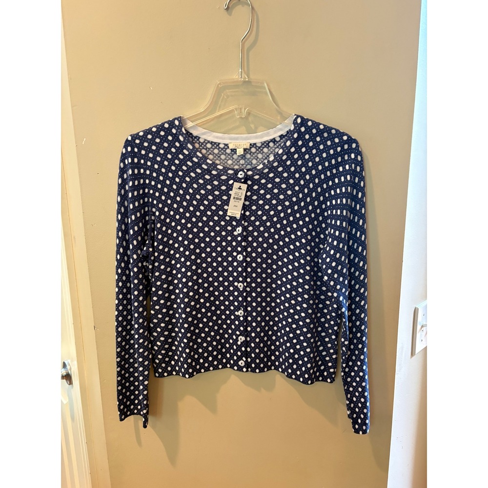 Talbots Petite Medium Navy Blue White Lattice Polka Dot Cotton Cardigan NWT